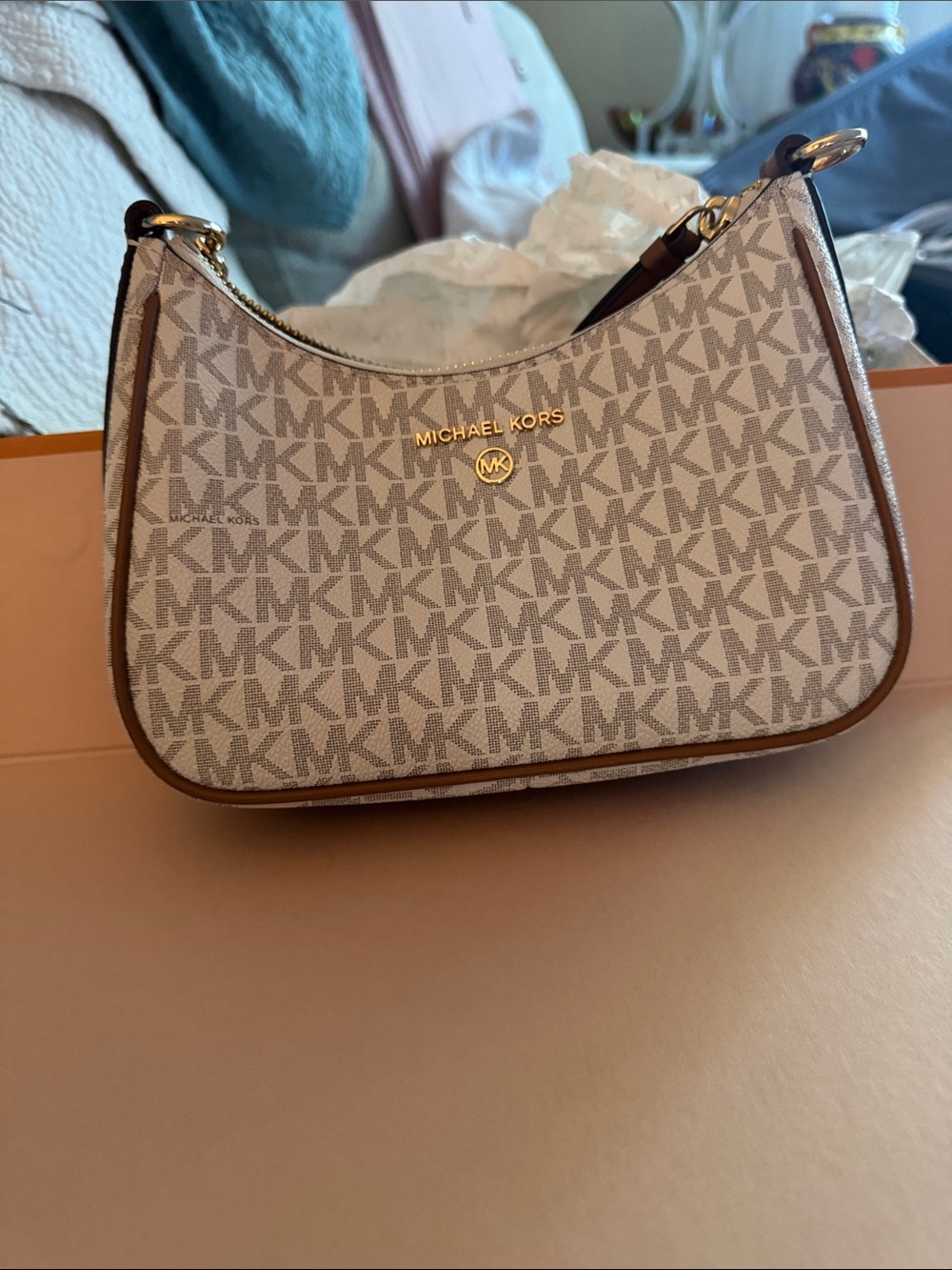 Michael Kors Logo Shoulder Bag Vanilla MK Baguette Purse